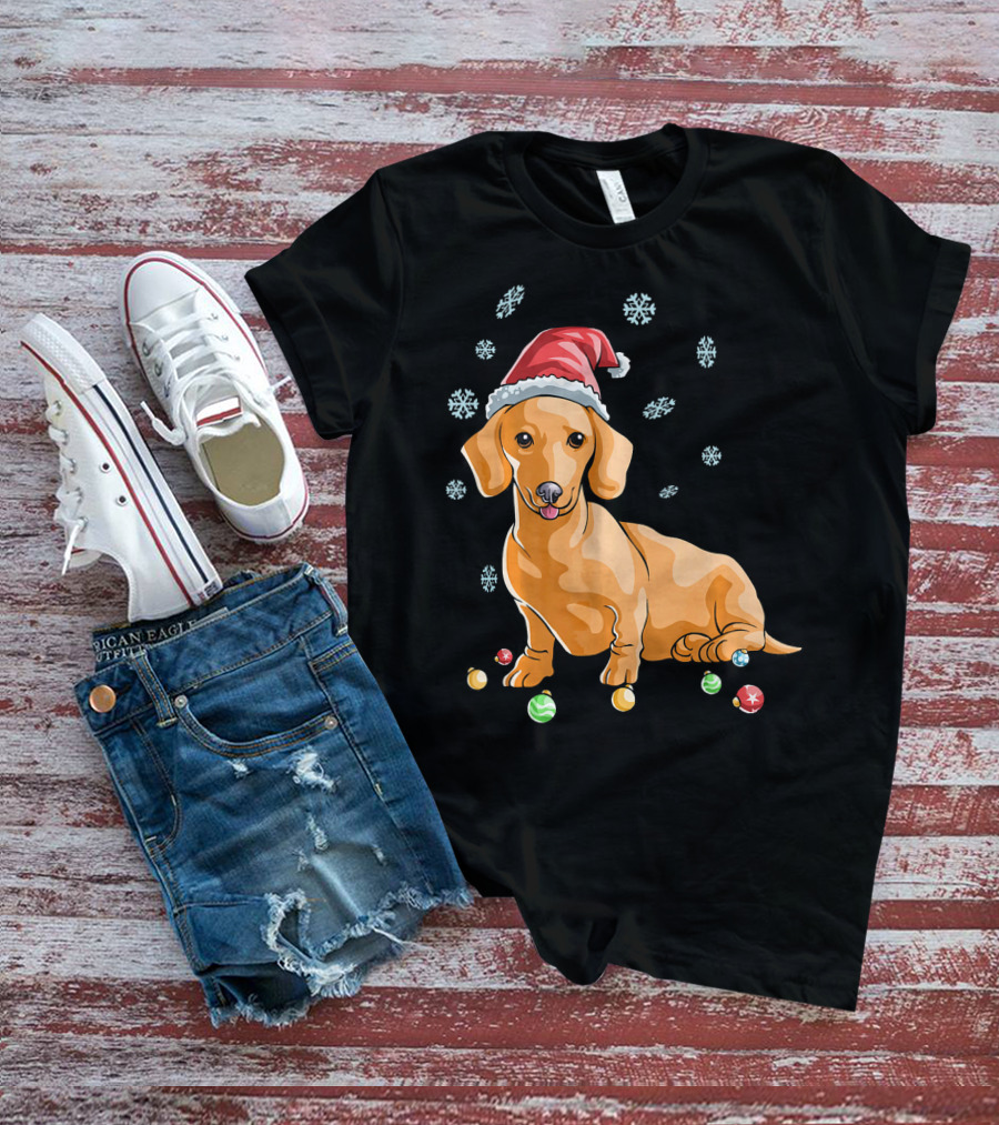 Wiener Dog Dachshund Puppy Santa Hat Snowflakes Holiday T-Shirt
