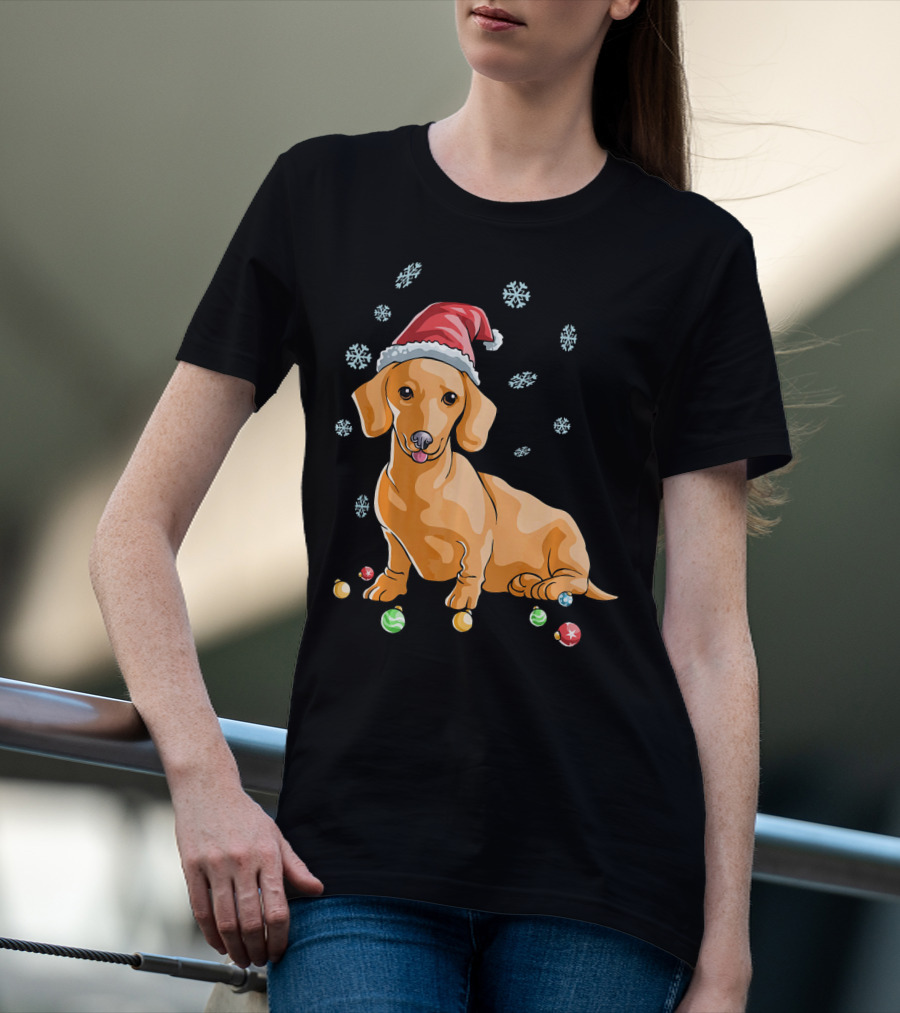 Wiener Dog Dachshund Puppy Santa Hat Snowflakes Holiday T-Shirt