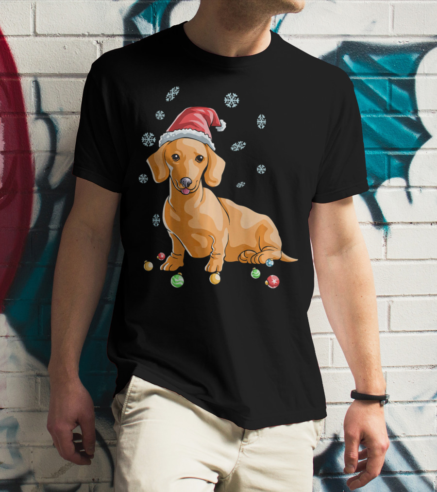 Wiener Dog Dachshund Puppy Santa Hat Snowflakes Holiday T-Shirt