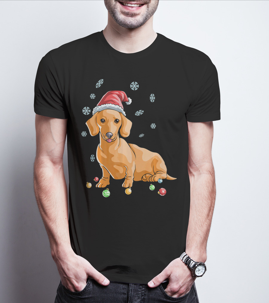 Wiener Dog Dachshund Puppy Santa Hat Snowflakes Holiday T-Shirt