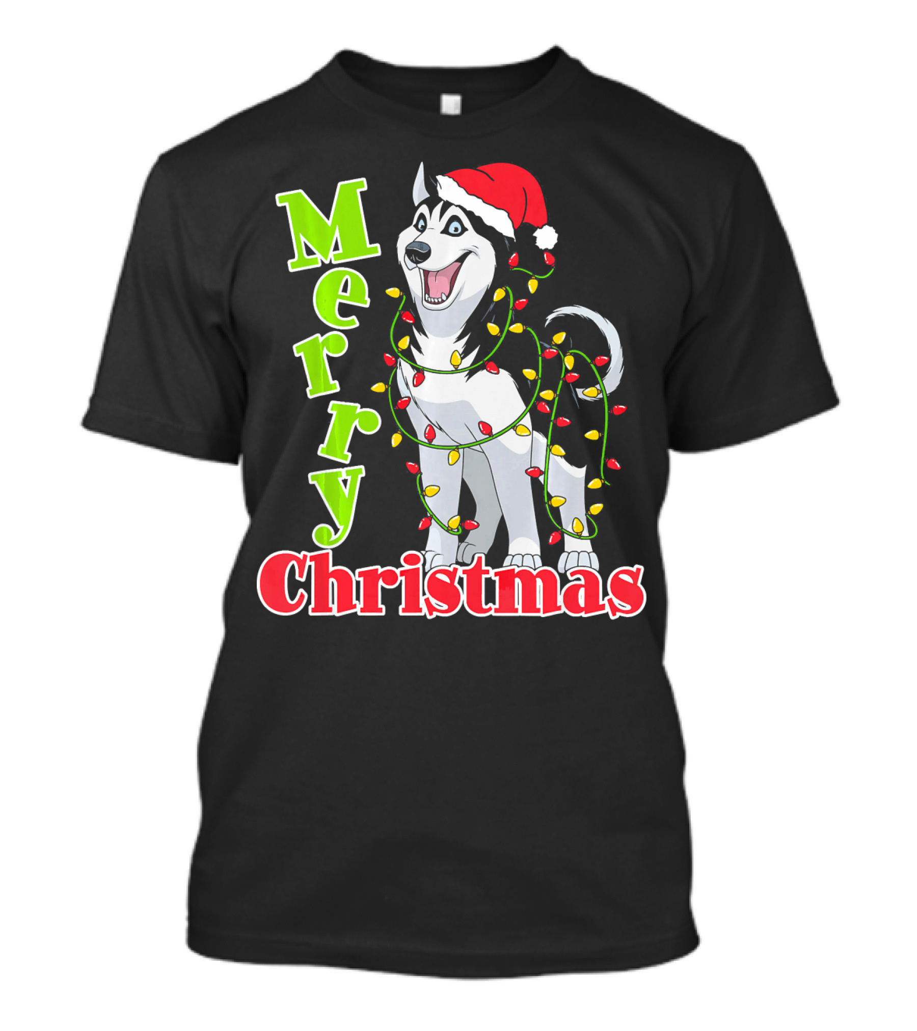 Merry Christmas Husky Festive Lights Holiday Santa Hat T-Shirt