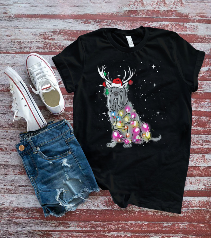 Neapolitan Mastiff With Christmas Lights And Santa Hat In Snowy Night T-Shirt