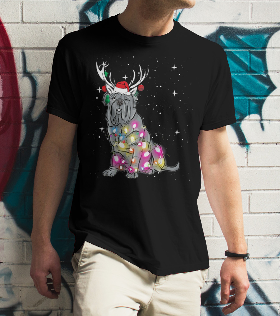 Neapolitan Mastiff With Christmas Lights And Santa Hat In Snowy Night T-Shirt