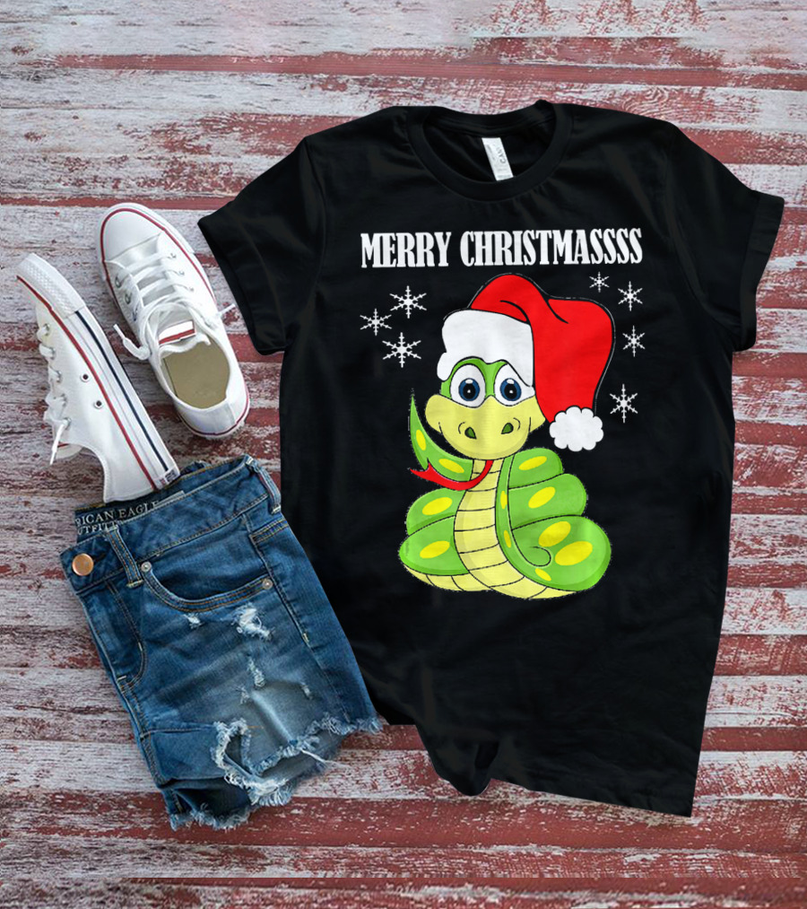 Merry Christmassss Snake Cute Snak Santa Hat Snowflakes T-Shirt