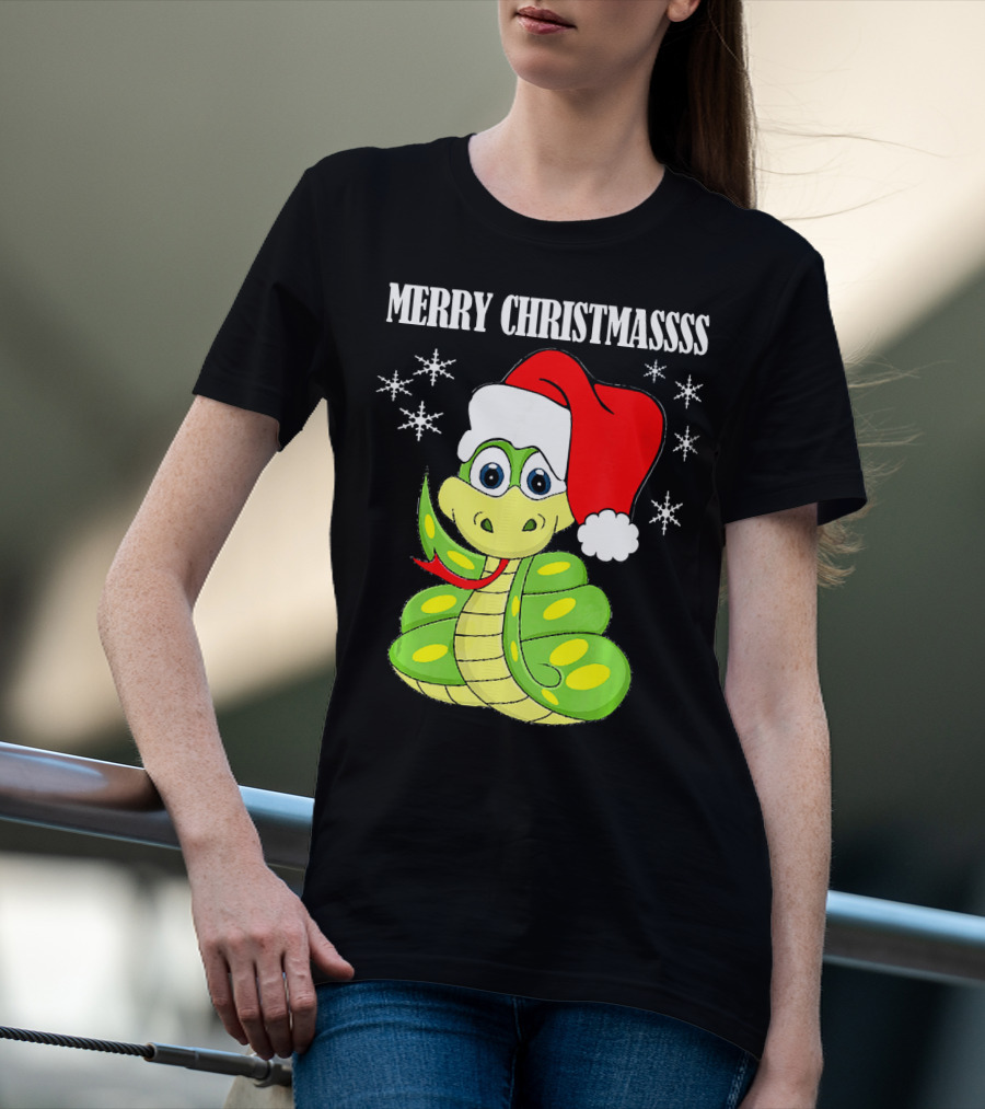 Merry Christmassss Snake Cute Snak Santa Hat Snowflakes T-Shirt