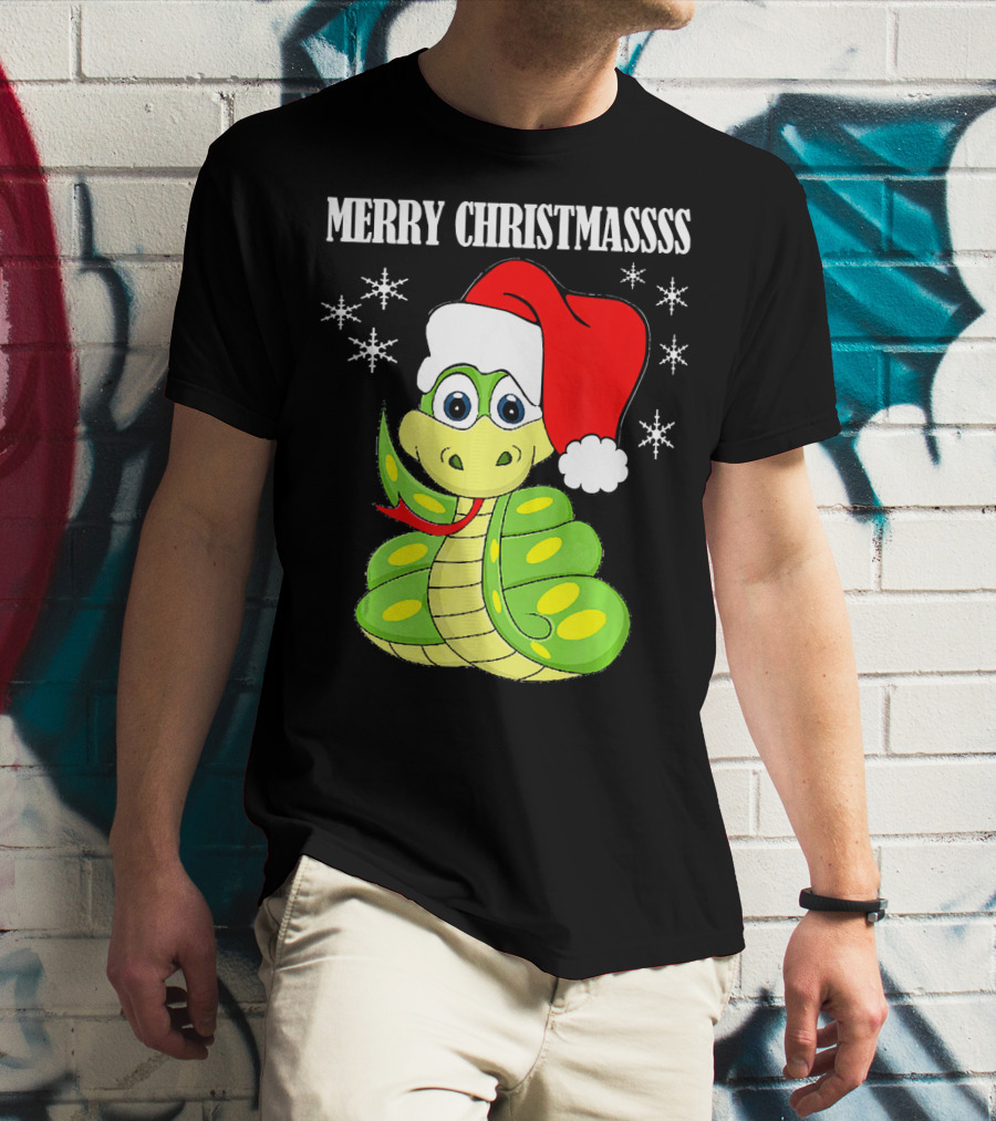 Merry Christmassss Snake Cute Snak Santa Hat Snowflakes T-Shirt