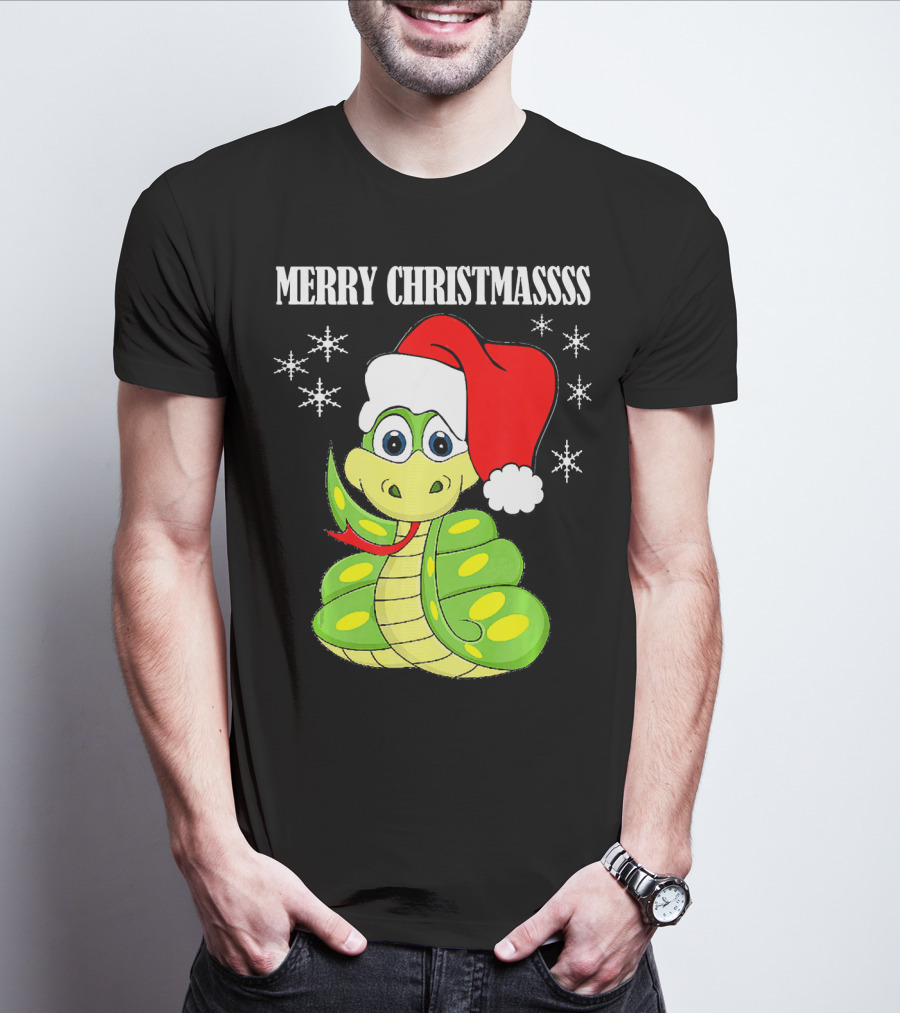 Merry Christmassss Snake Cute Snak Santa Hat Snowflakes T-Shirt