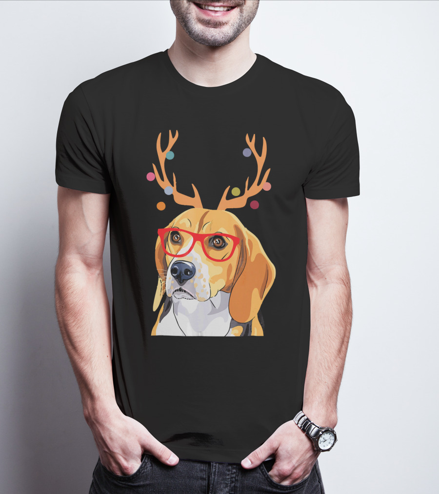 Beagle With Christmas Antlers And Red Glasses T-Shirt