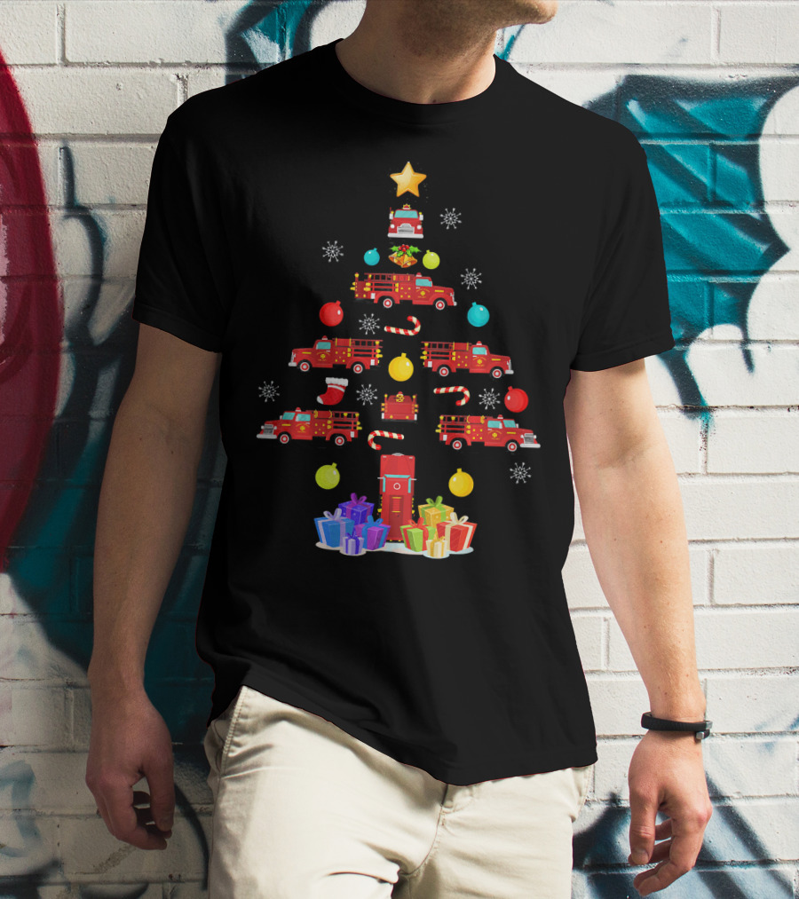 Funny Firefighter Christmas Tree Ornament Fire Truck Star Gifts T-Shirt