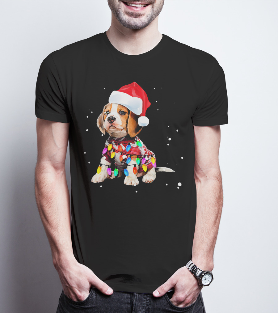 Santa Hat Beagle Wrapped In Christmas Lights T-Shirt