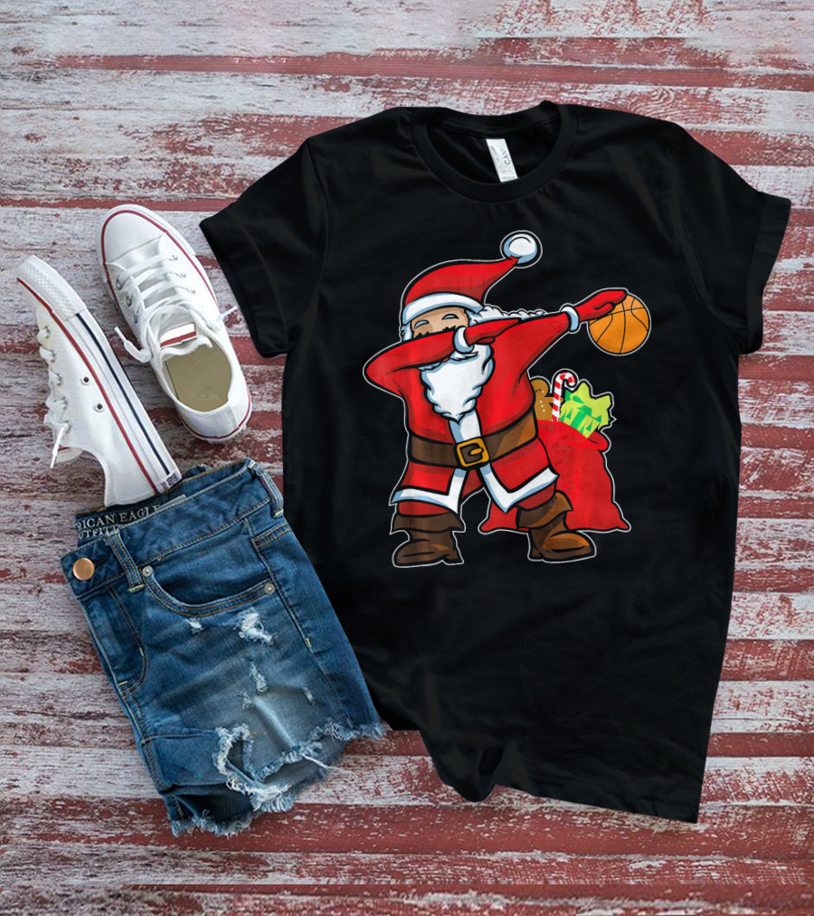 Christmas Dabbing Santa Holding Basketball With Gifts T-Shirt