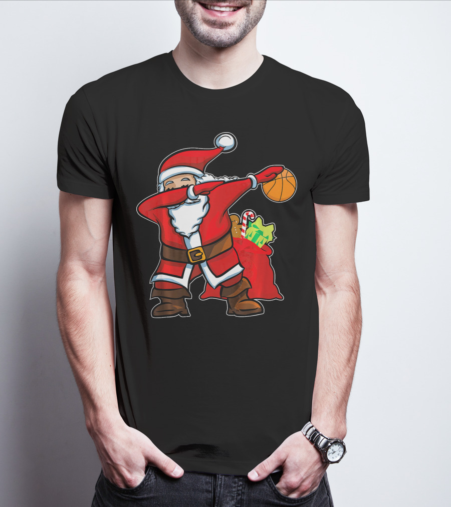 Christmas Dabbing Santa Holding Basketball With Gifts T-Shirt