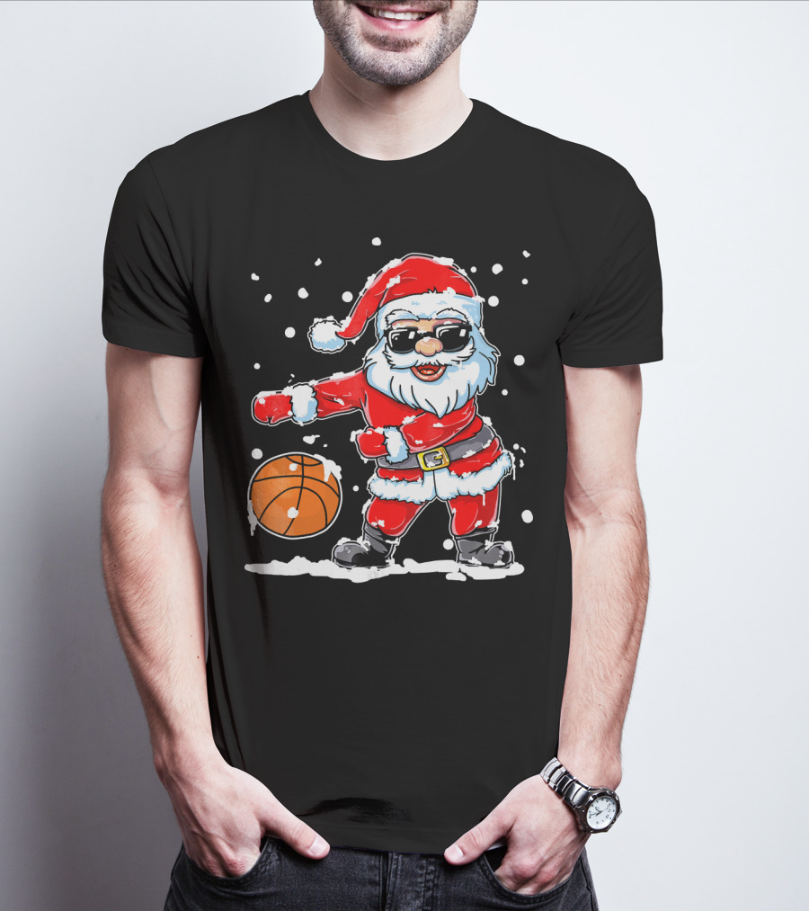 Santa Flossing With Basketball In Snowy Christmas Scene T-Shirt