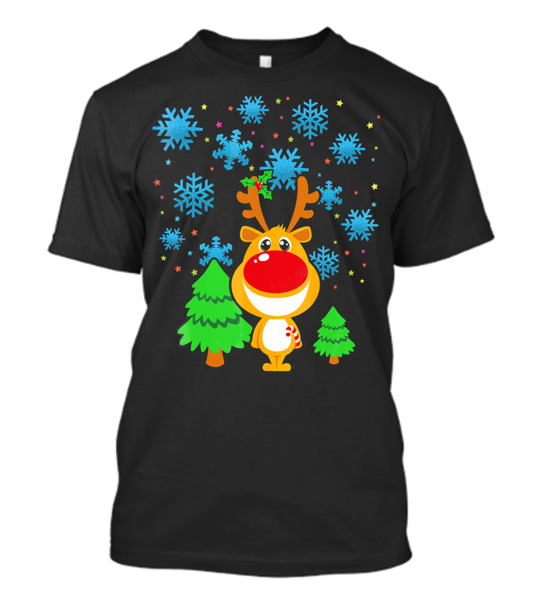 Christmas Reindeer With Snowflakes And Trees Family Matching T-Shirt