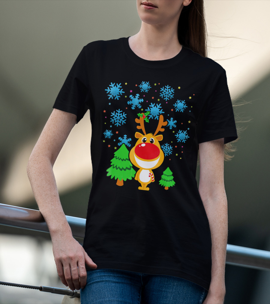 Christmas Reindeer With Snowflakes And Trees Family Matching T-Shirt
