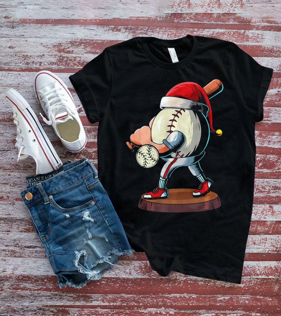 Christmas Baseball Batter Santa With Red Shoes And Bat T-Shirt