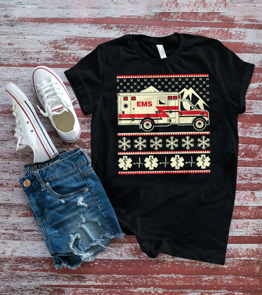 EMS Christmas Ambulance Ugly Sweater Snowflake T-Shirt