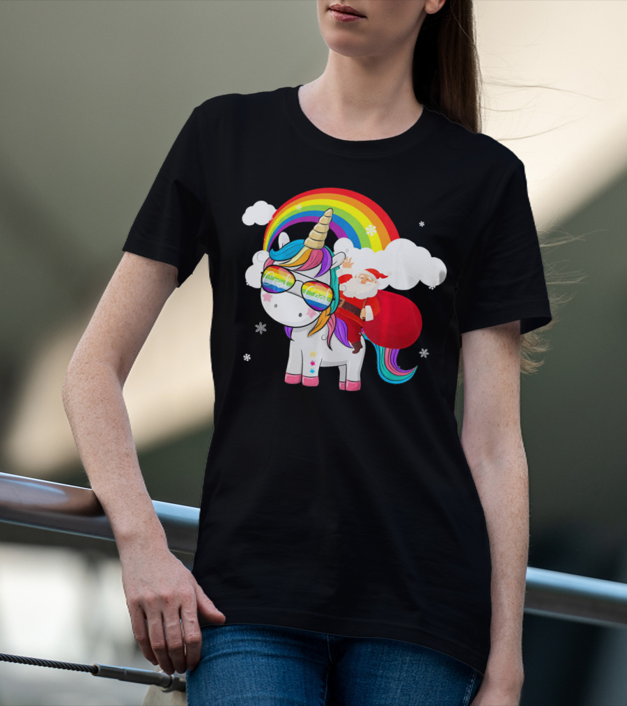 Cool Santa Riding Unicorn Rainbow Christmas Cos T-Shirt