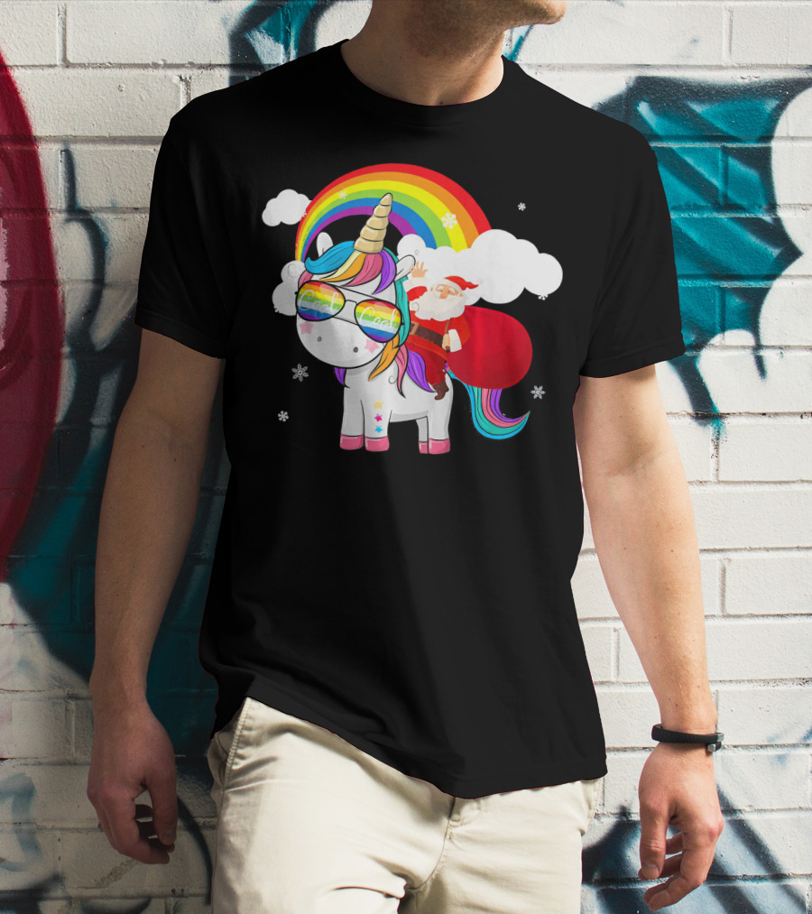 Cool Santa Riding Unicorn Rainbow Christmas Cos T-Shirt