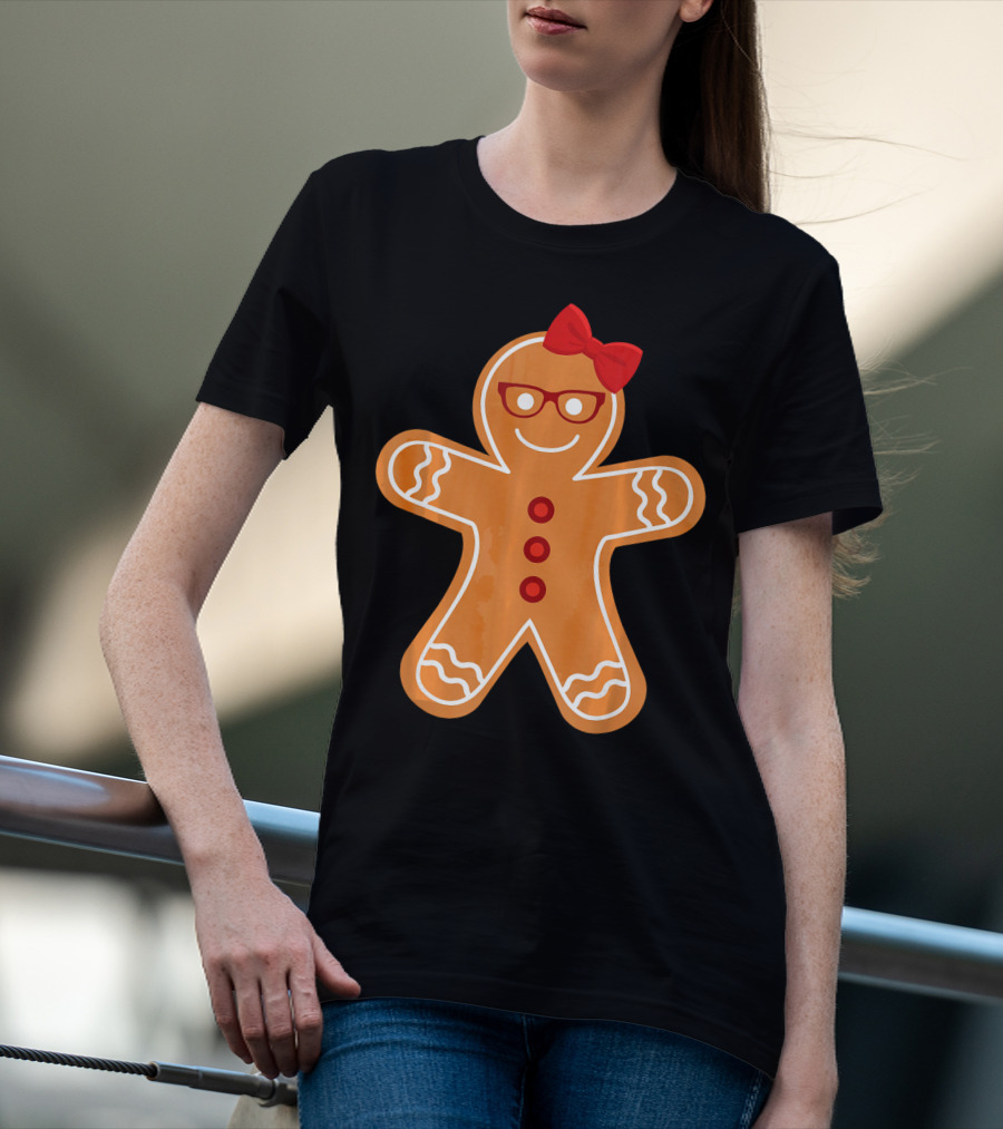 Gingerbread Girl Cookie With Glasses And Red Bow Christmas T-Shirt