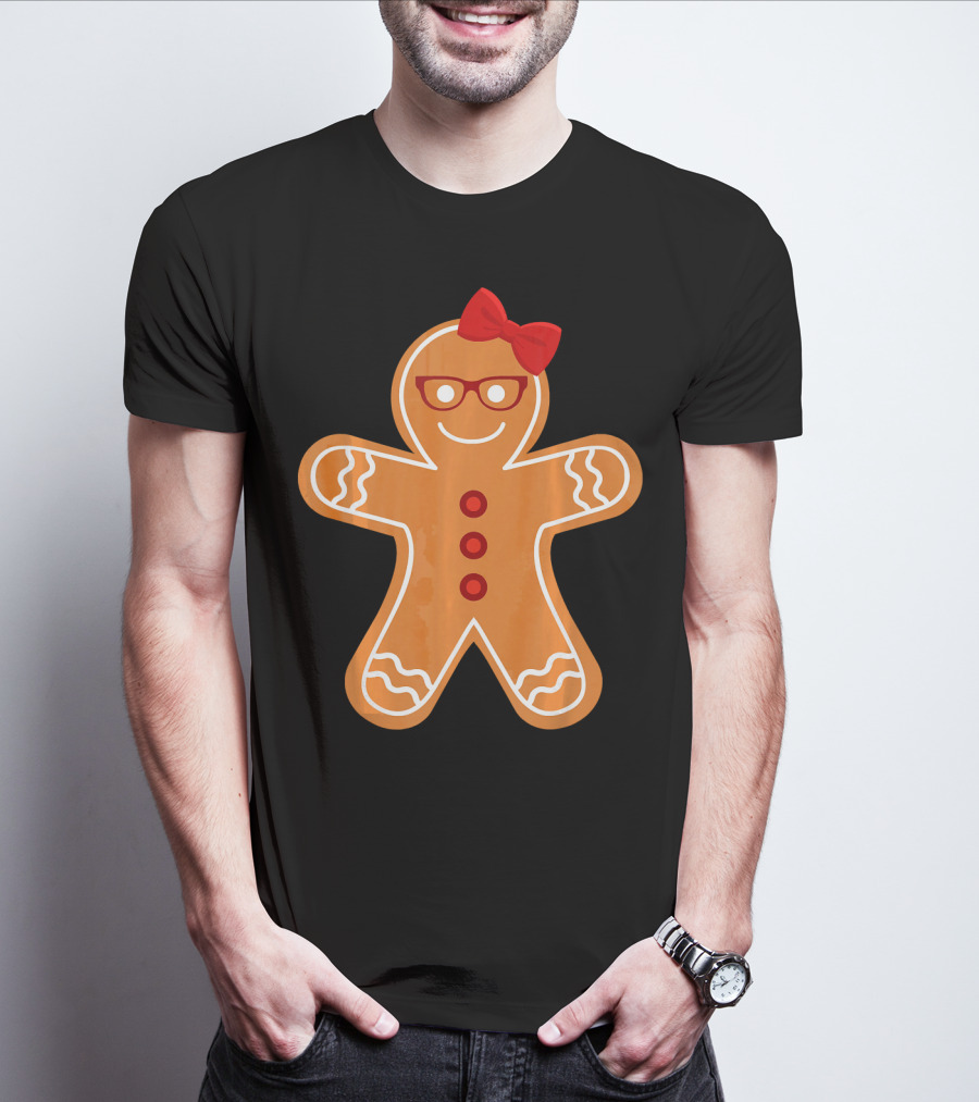 Gingerbread Girl Cookie With Glasses And Red Bow Christmas T-Shirt