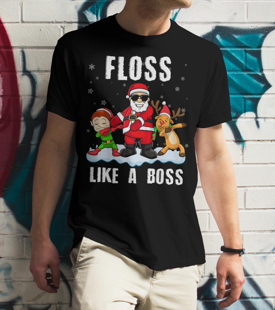 Floss Like A Boss Santa With Elf And Reindeer Dance Funny Christmas T-Shirt