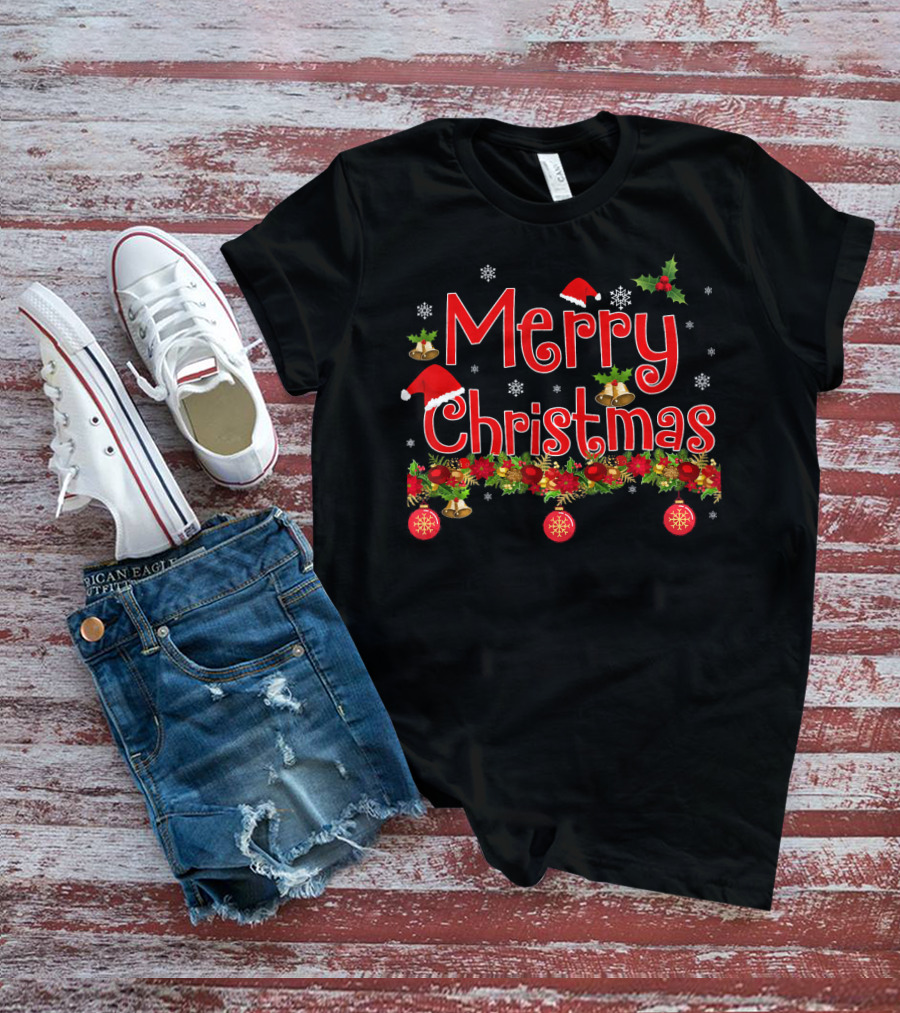 Merry Christmas Snowflakes Holly Santa Hat Bells Ornaments Garland T-Shirt