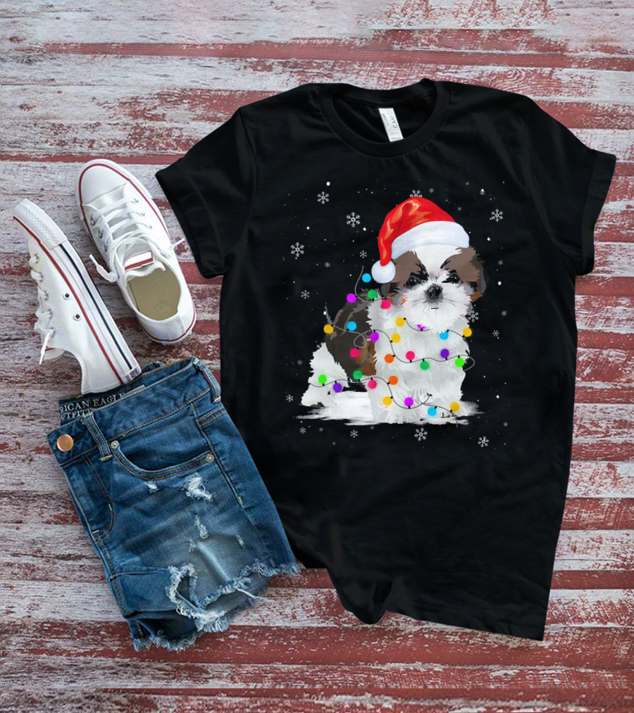 Shih Tzu Santa Hat Christmas Lights Snowflakes T-Shirt
