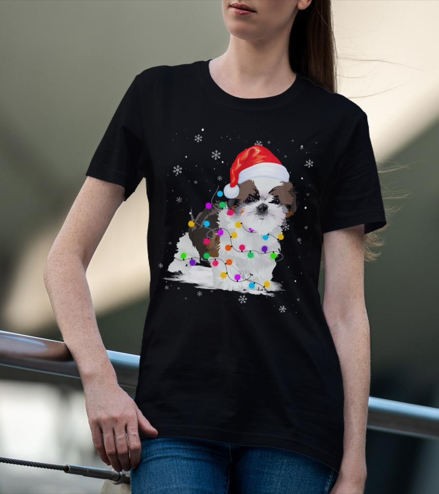 Shih Tzu Santa Hat Christmas Lights Snowflakes T-Shirt