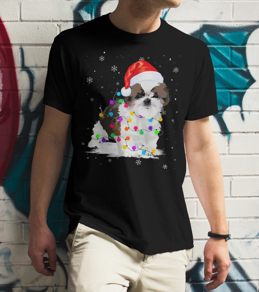 Shih Tzu Santa Hat Christmas Lights Snowflakes T-Shirt