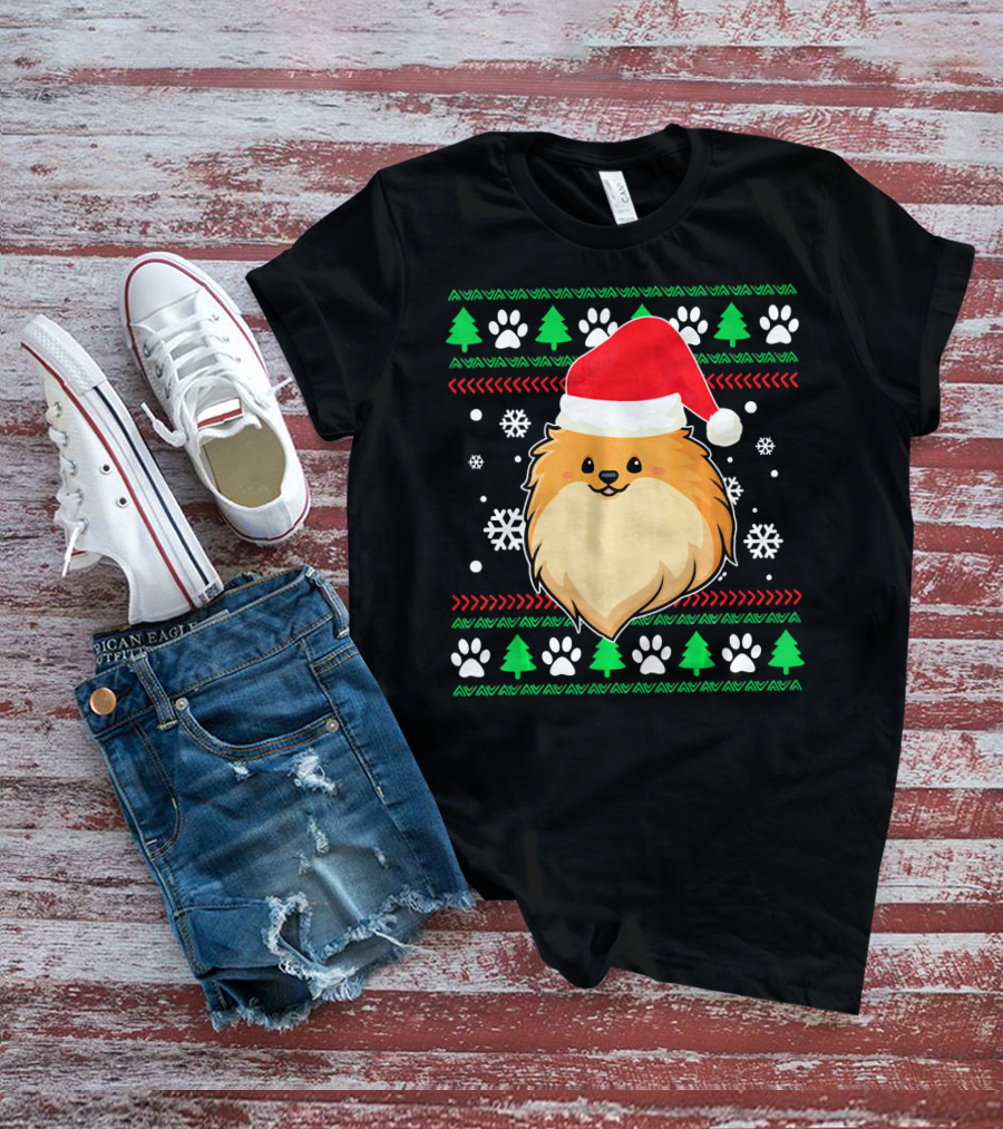 Pomeranian Santa Hat Ugly Christmas Sweater Snowflakes Trees Paws T-Shirt