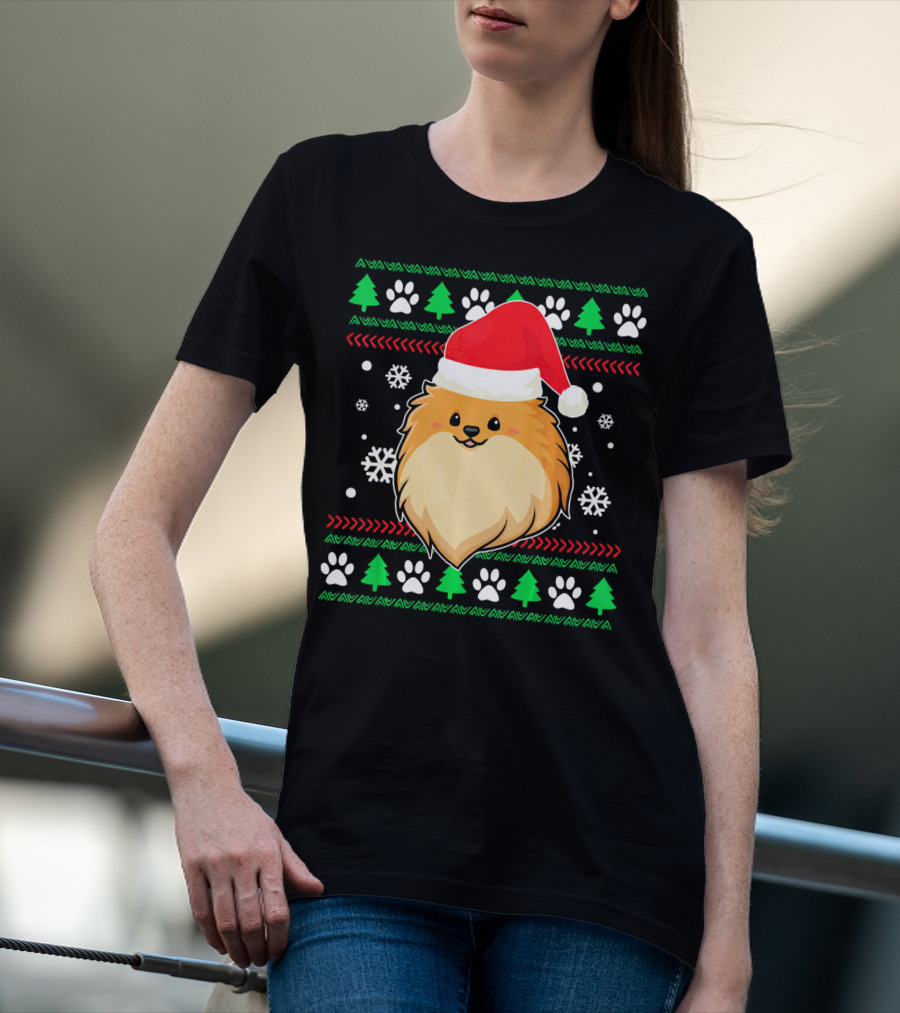 Pomeranian Santa Hat Ugly Christmas Sweater Snowflakes Trees Paws T-Shirt