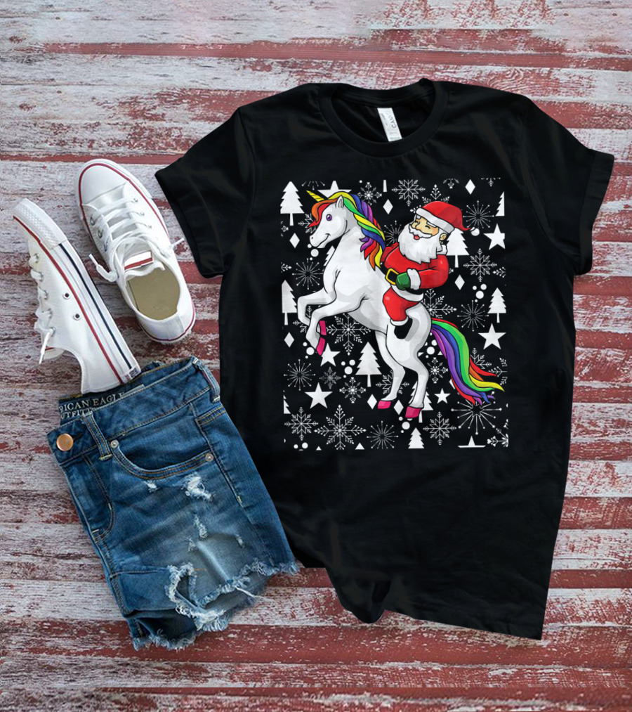 Santa Claus Riding A Unicorn Ugly Christmas Sweater With Stars And Snowflakes T-Shirt