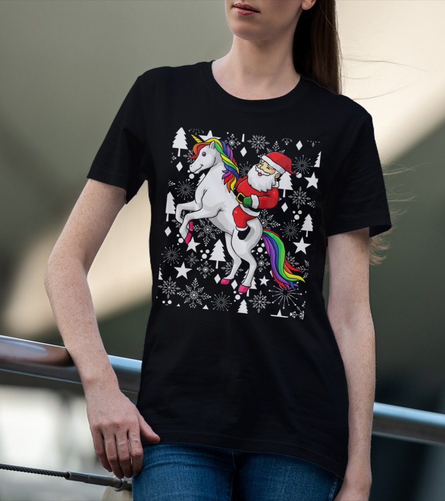 Santa Claus Riding A Unicorn Ugly Christmas Sweater With Stars And Snowflakes T-Shirt