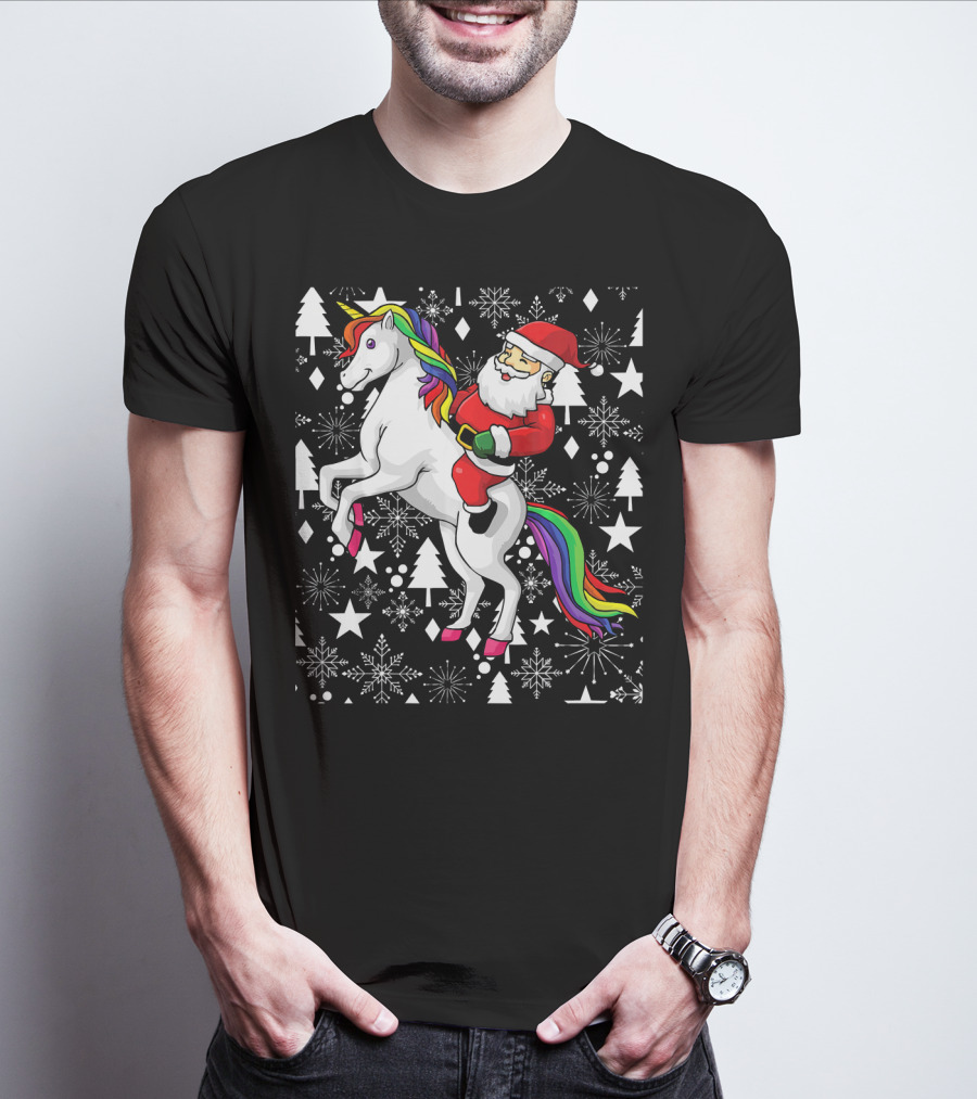 Santa Claus Riding A Unicorn Ugly Christmas Sweater With Stars And Snowflakes T-Shirt