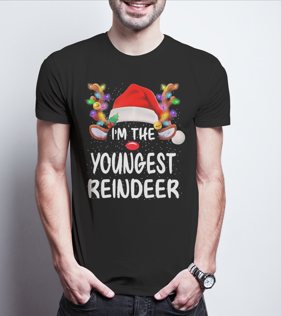 I'm The Youngest Reindeer Santa Hat Light-Up Antlers Snowfall T-Shirt
