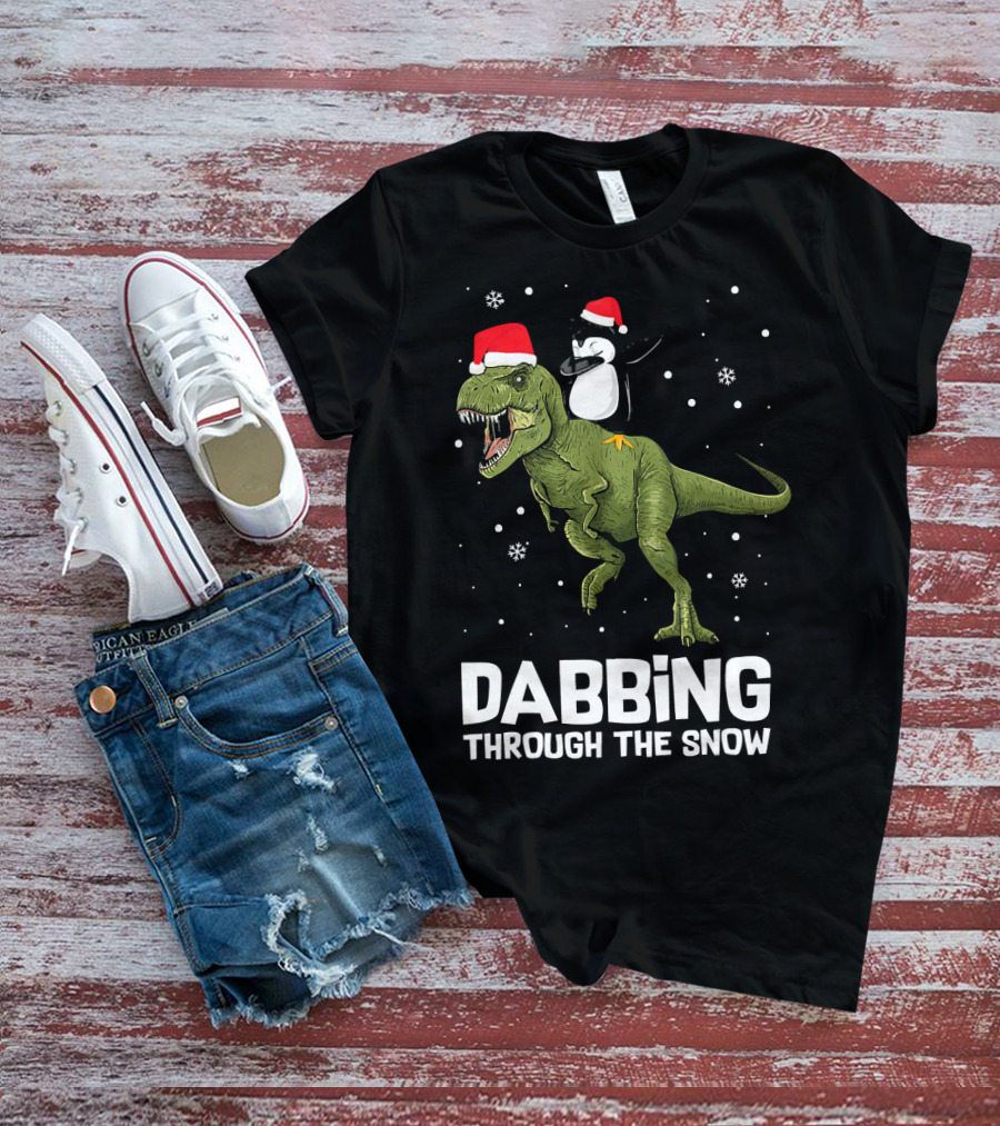 Dabbing Through The Snow Penguin On Dinosaur Christmas T-Shirt