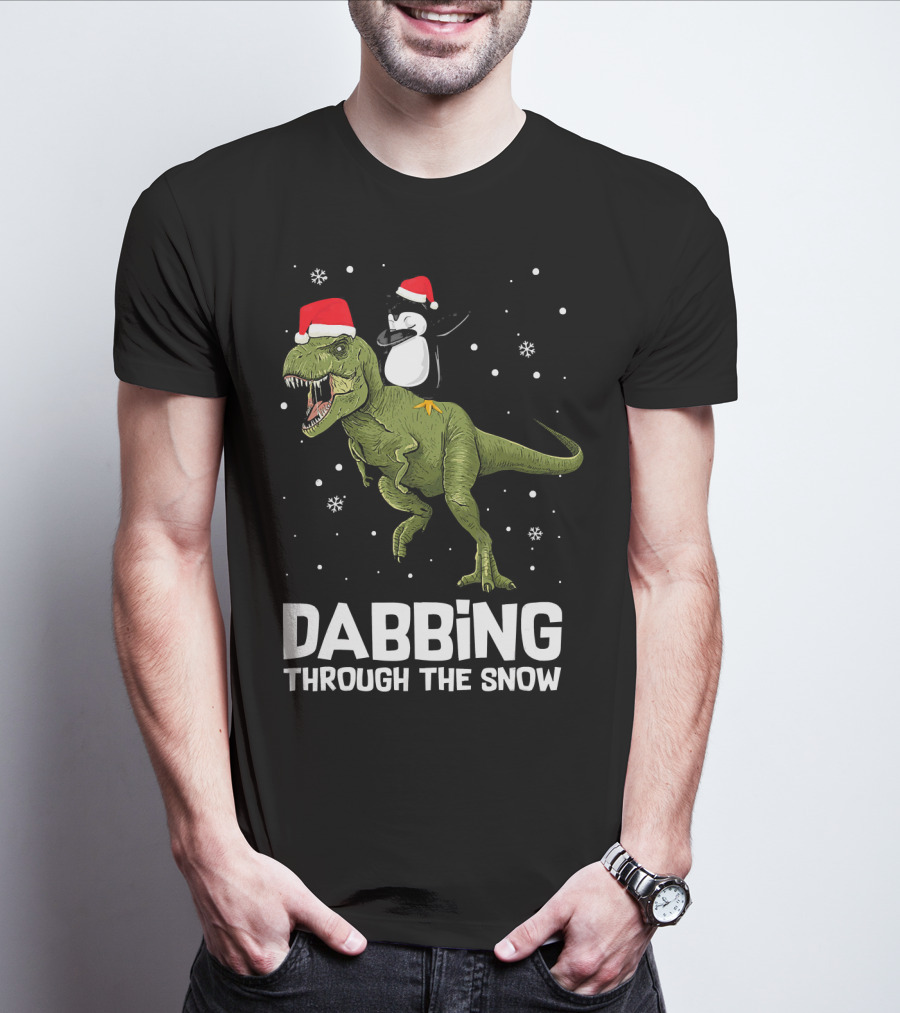 Dabbing Through The Snow Penguin On Dinosaur Christmas T-Shirt