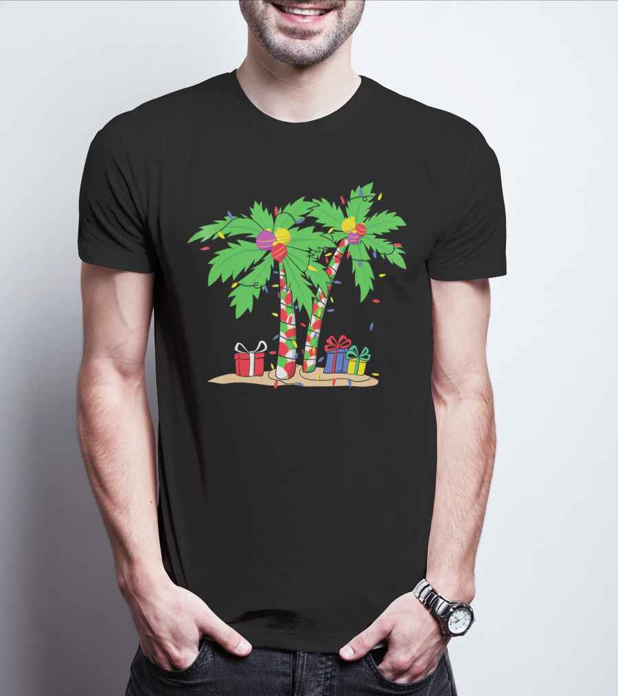 Decorated Christmas Palm Tree With Holiday Lights And Gifts T-Shirt
