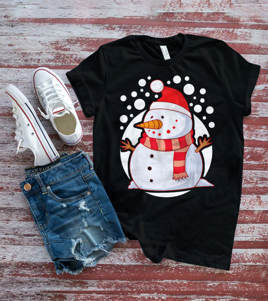 Winter Christmas Santa Snowman In Red Scarf And Hat T-Shirt
