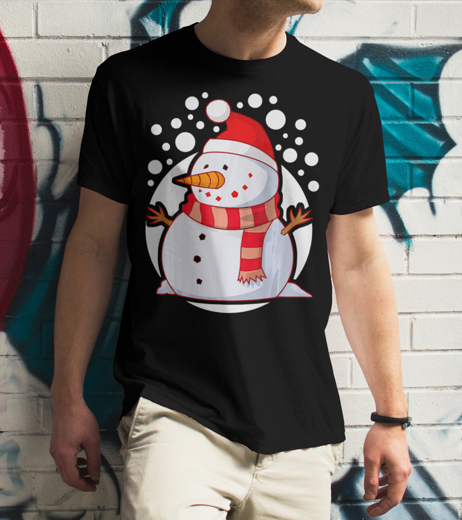 Winter Christmas Santa Snowman In Red Scarf And Hat T-Shirt