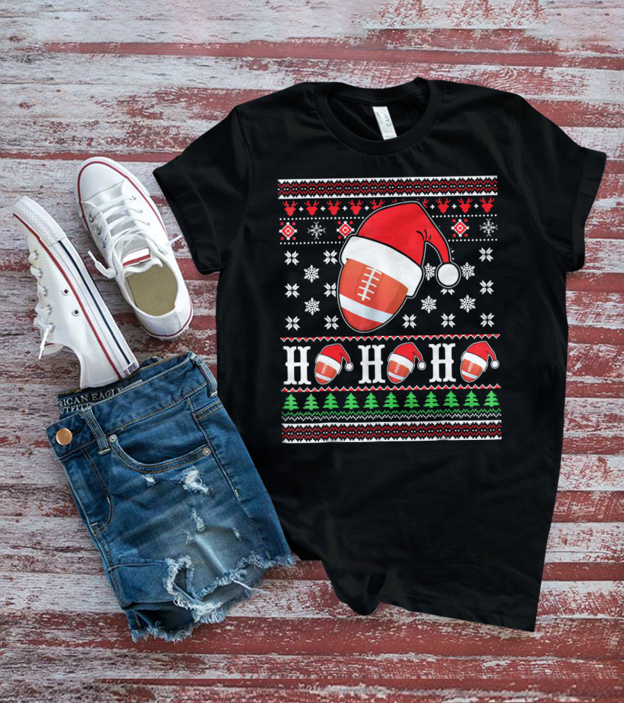 Ugly Christmas Football Santa Claus HO HO HO Holiday T-Shirt