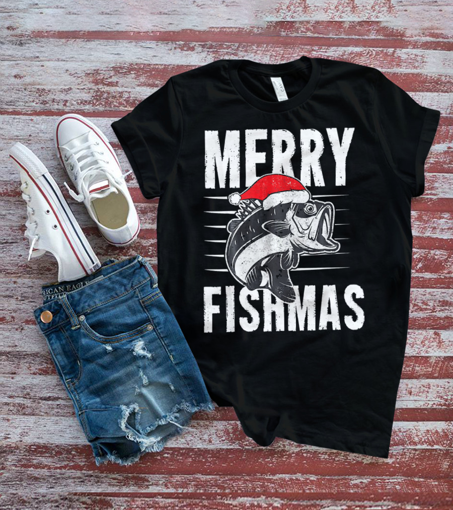 Merry Fishmas Funny Christmas Fishing Santa Hat Fish T-Shirt