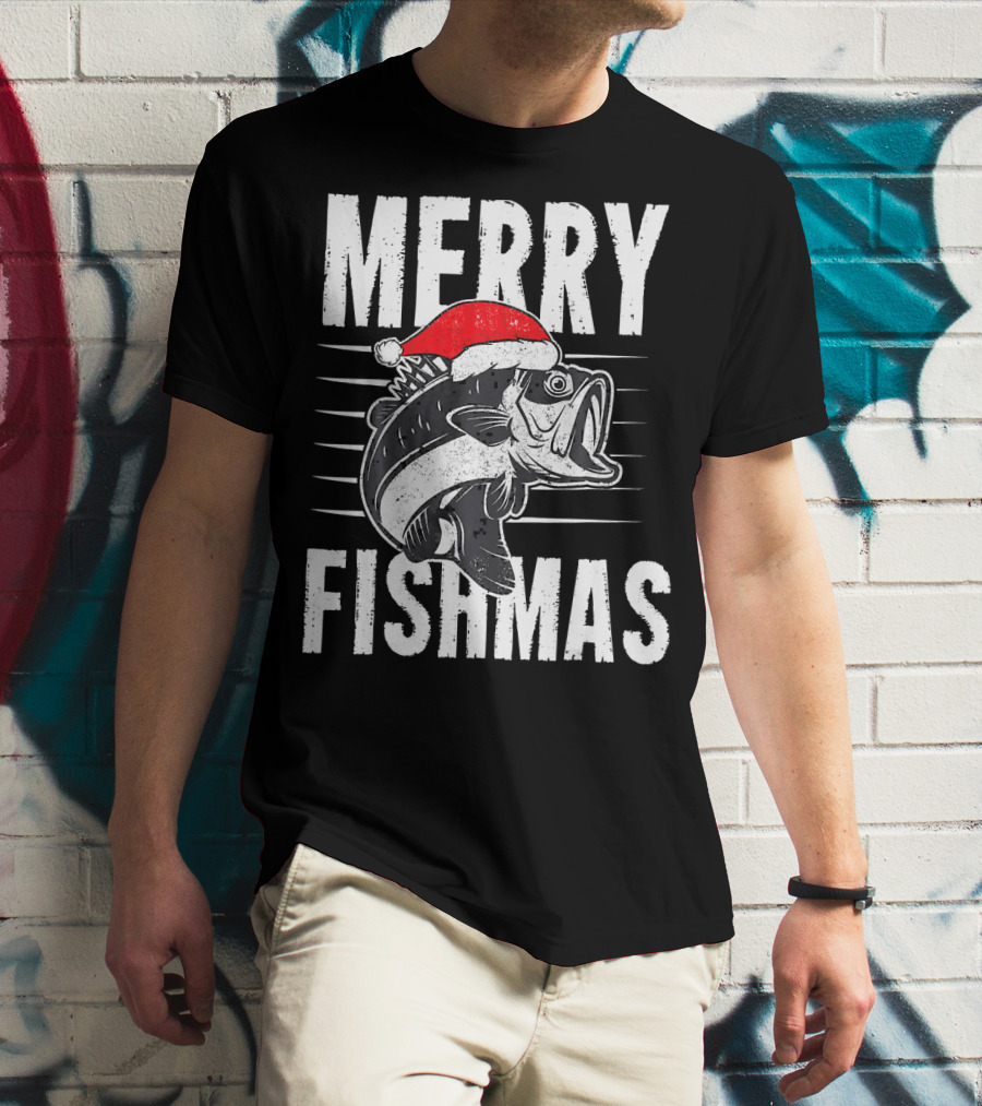 Merry Fishmas Funny Christmas Fishing Santa Hat Fish T-Shirt