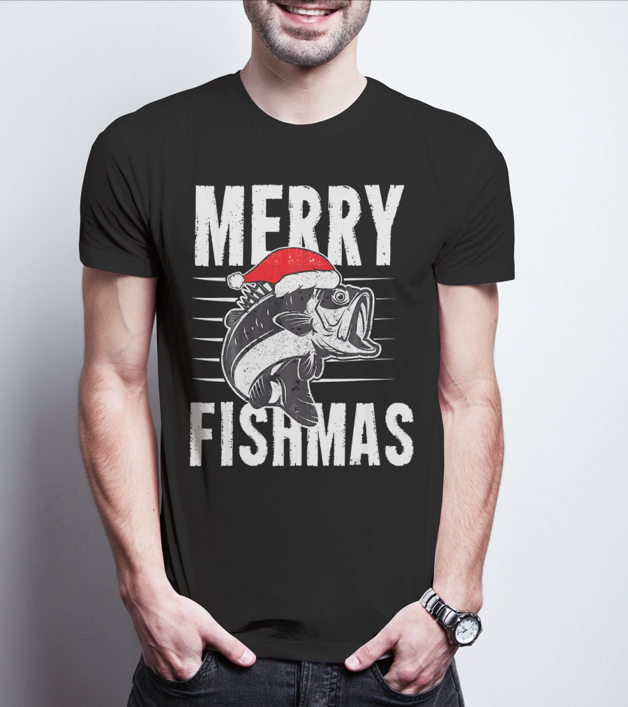 Merry Fishmas Funny Christmas Fishing Santa Hat Fish T-Shirt