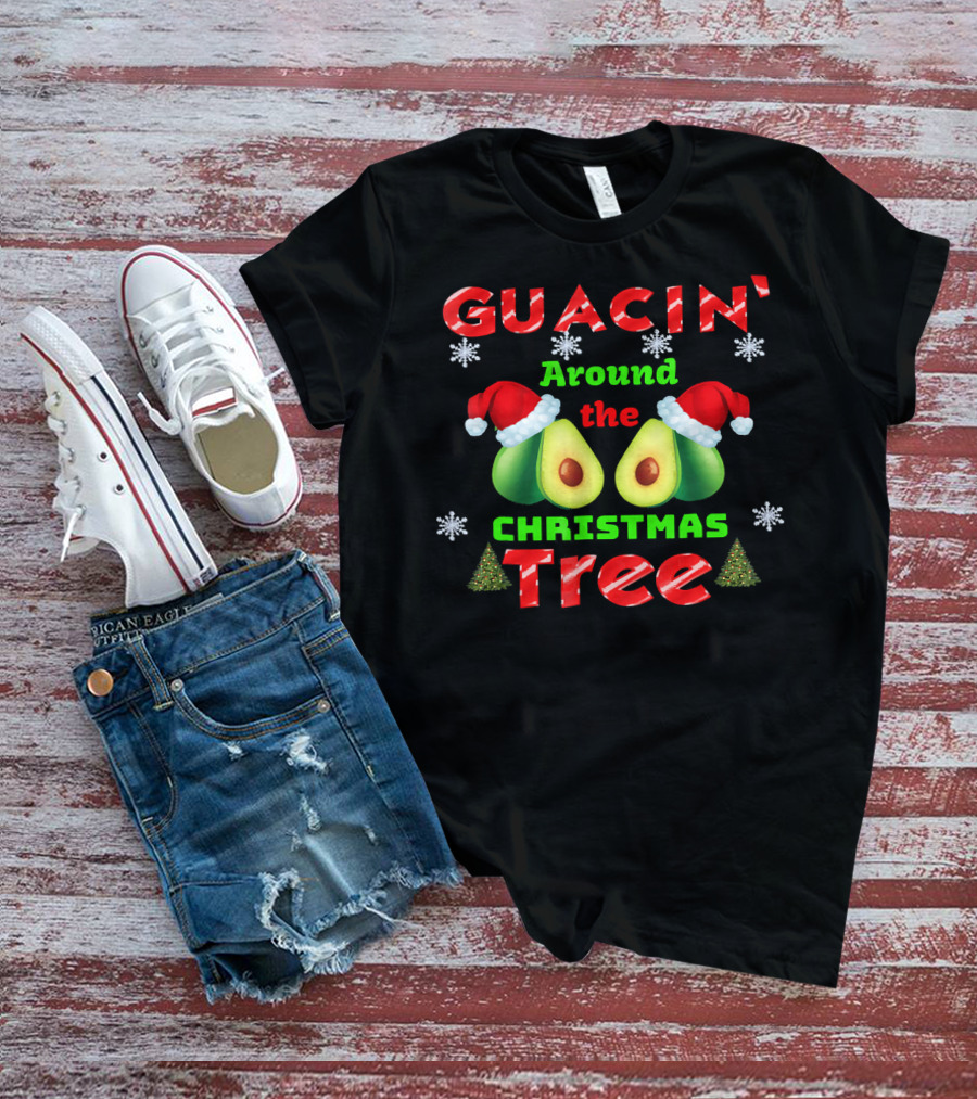 Guacin' Around The Christmas Tree Avocado Santa Hat Snowflakes T-Shirt