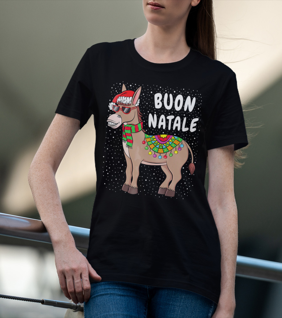 Buon Natale Christmas Donkey With Santa Hat And Colorful Lights T-Shirt
