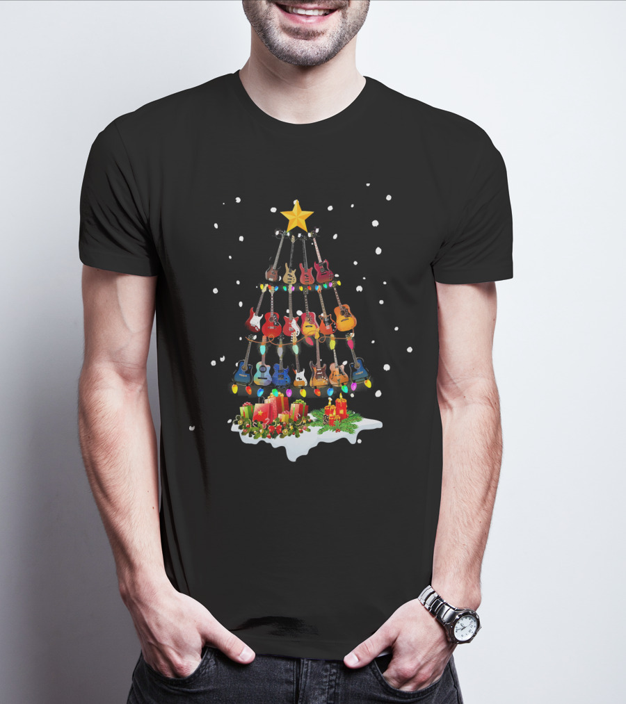 Guitar Christmas Tree Holiday Lights Snowflakes Star Candles T-Shirt