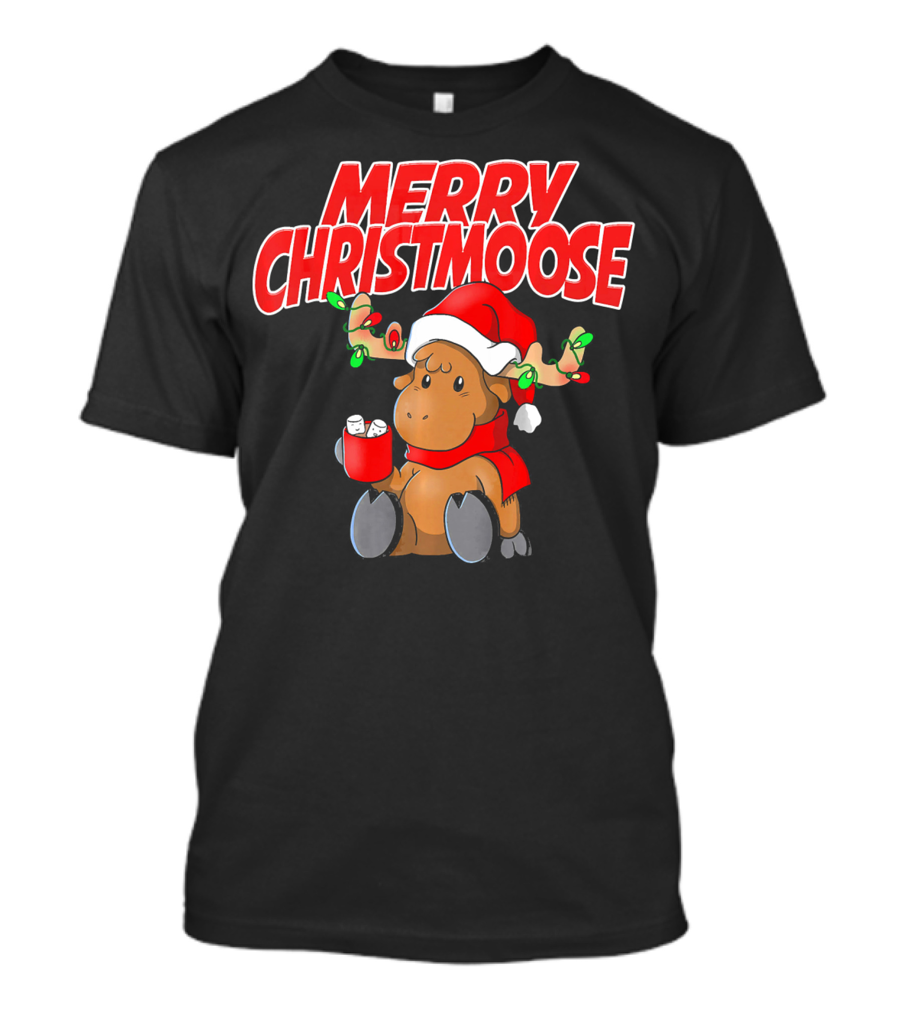 Merry Christmoose Funny Holiday Pun Moose With Santa Hat And Hot Cocoa T-Shirt