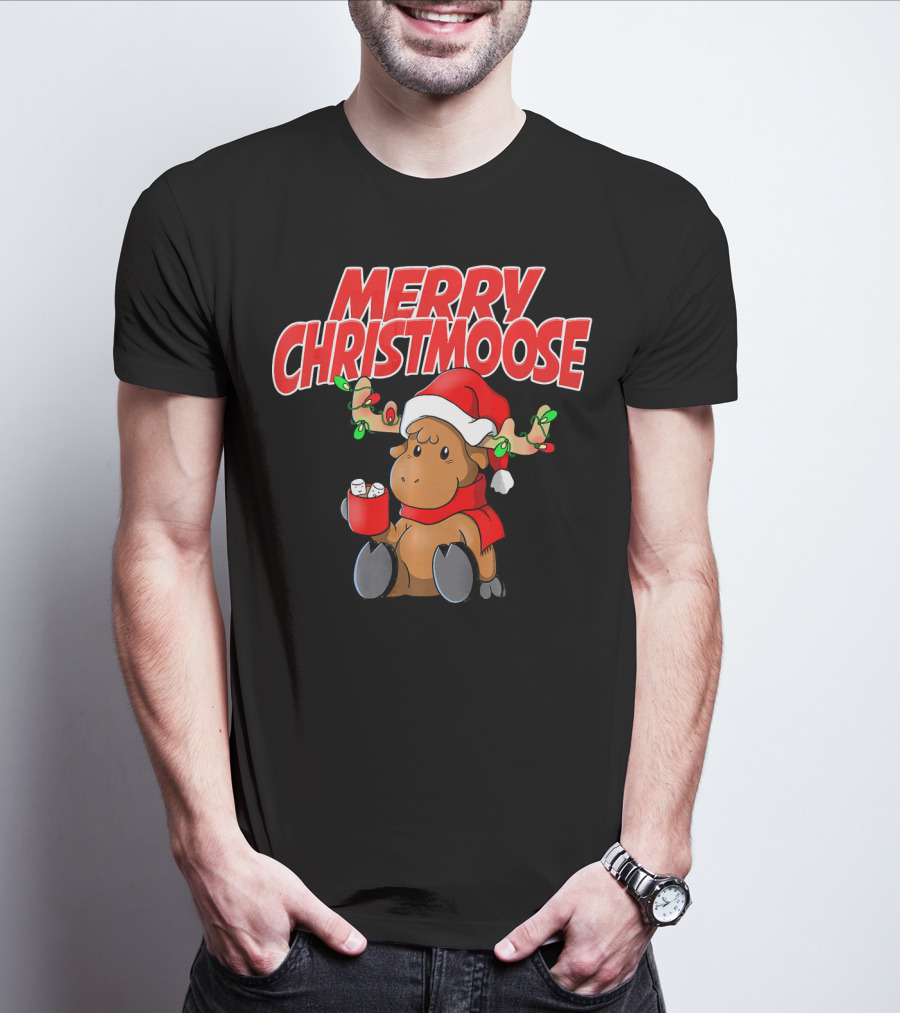 Merry Christmoose Funny Holiday Pun Moose With Santa Hat And Hot Cocoa T-Shirt